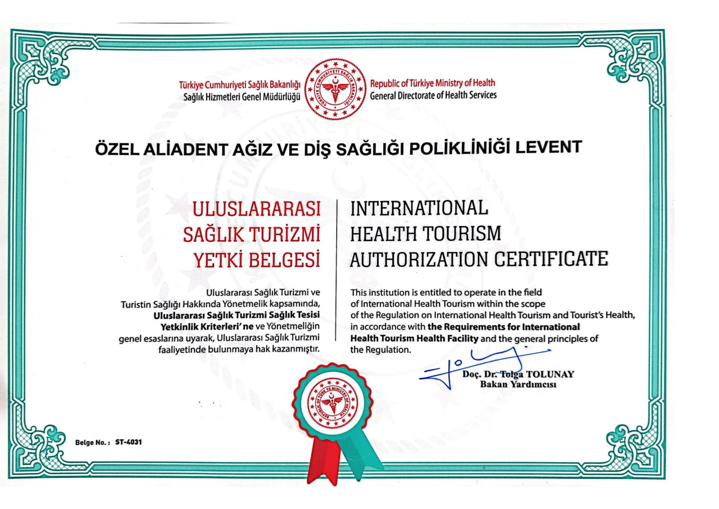 Sağlık turizmi yetki belgesi Levent kliniği.