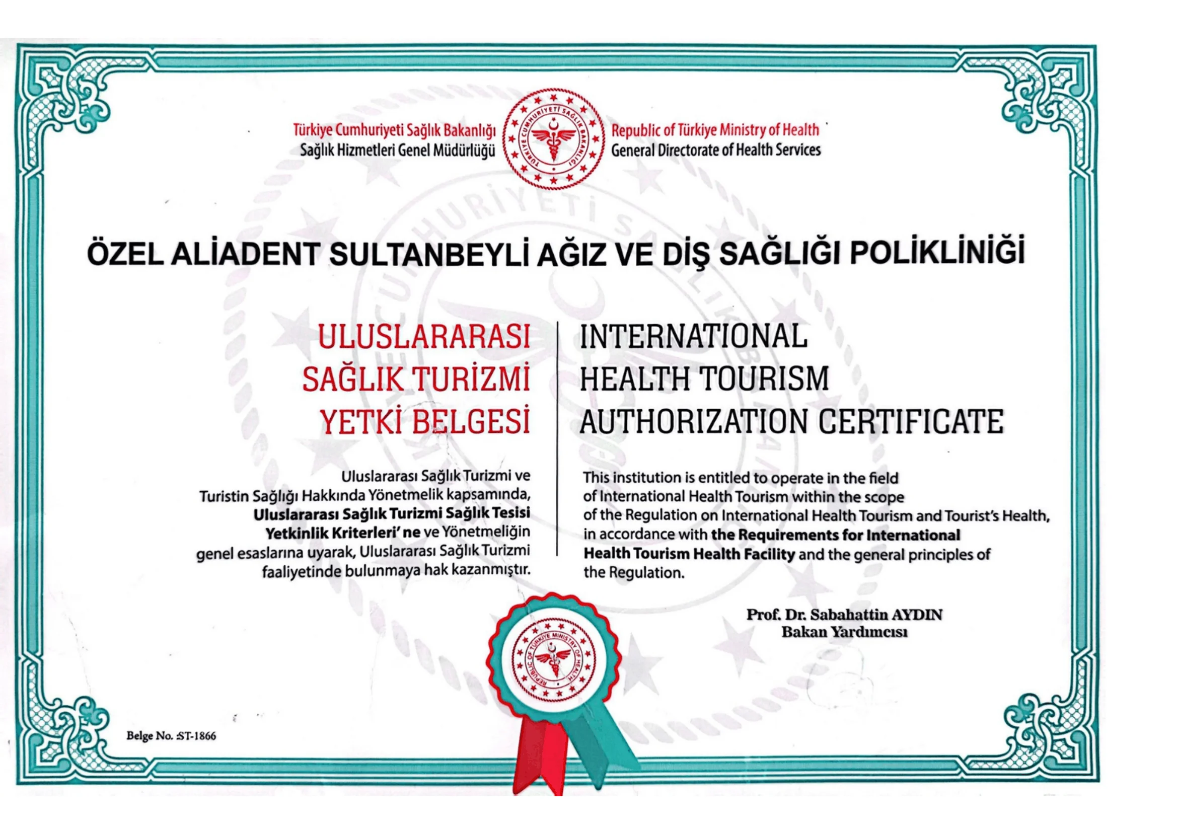 Sağlık turizmi yetki belgesi Sultanbeyli kliniği.